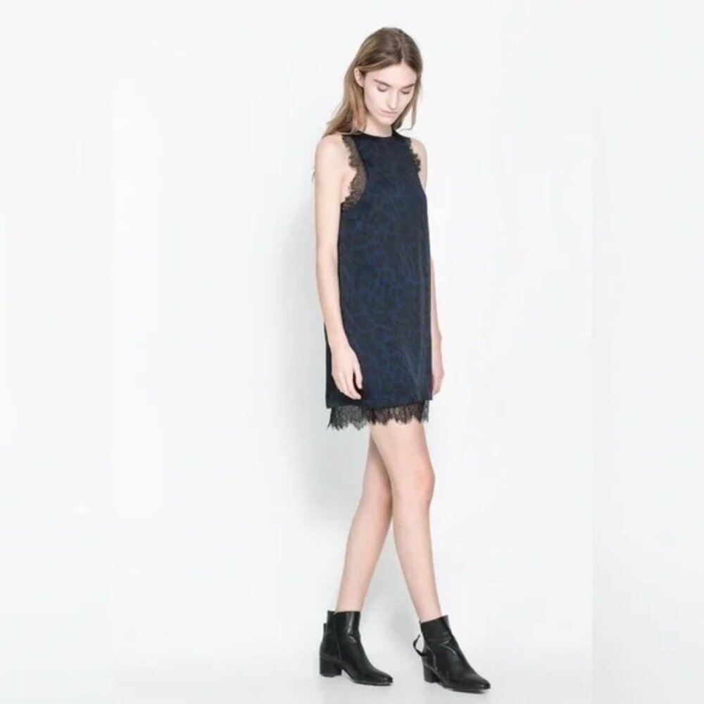 Zara W&B Collection Leopard Satin Lace Trim Sheath Mini Dress Womens Size Medium